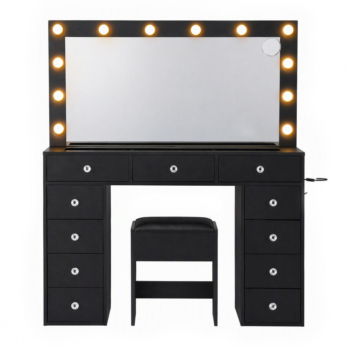 Dressing Table Charging Station LED Vanity Desk Set Stool Glass Top Make up Mirror Storage Drawer Black - Furniture > Bedroom > Dressing Vanity & Dressing Tables - Rivercity House & Home Co. (ABN 18 642 972 209) - Affordable Modern Furniture Australia
