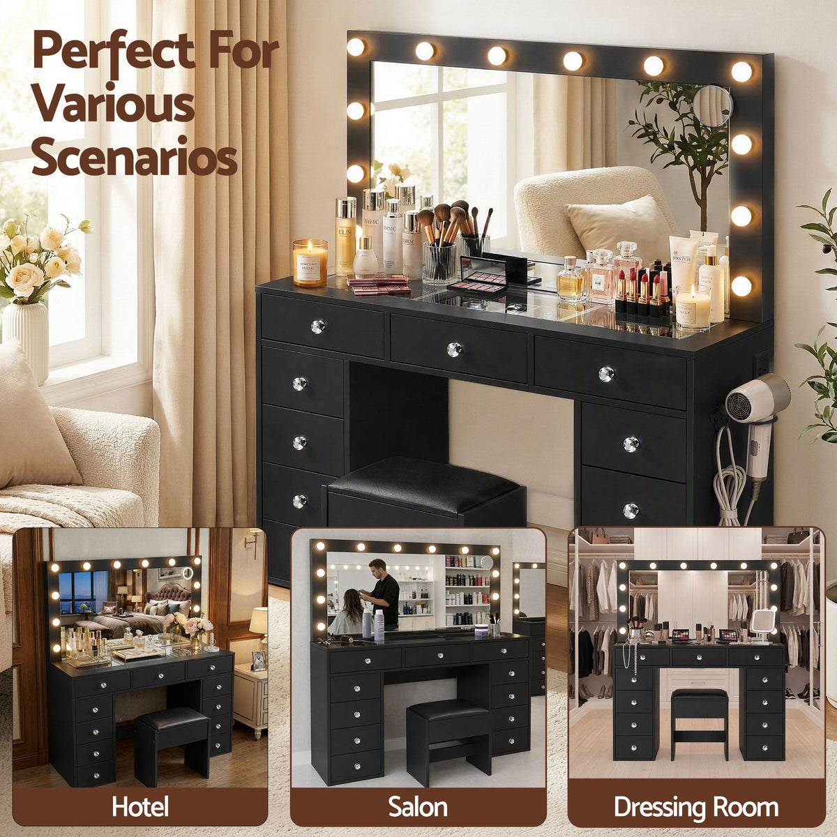 Dressing Table Charging Station LED Vanity Desk Set Stool Glass Top Make up Mirror Storage Drawer Black - Furniture > Bedroom > Dressing Vanity & Dressing Tables - Rivercity House & Home Co. (ABN 18 642 972 209) - Affordable Modern Furniture Australia