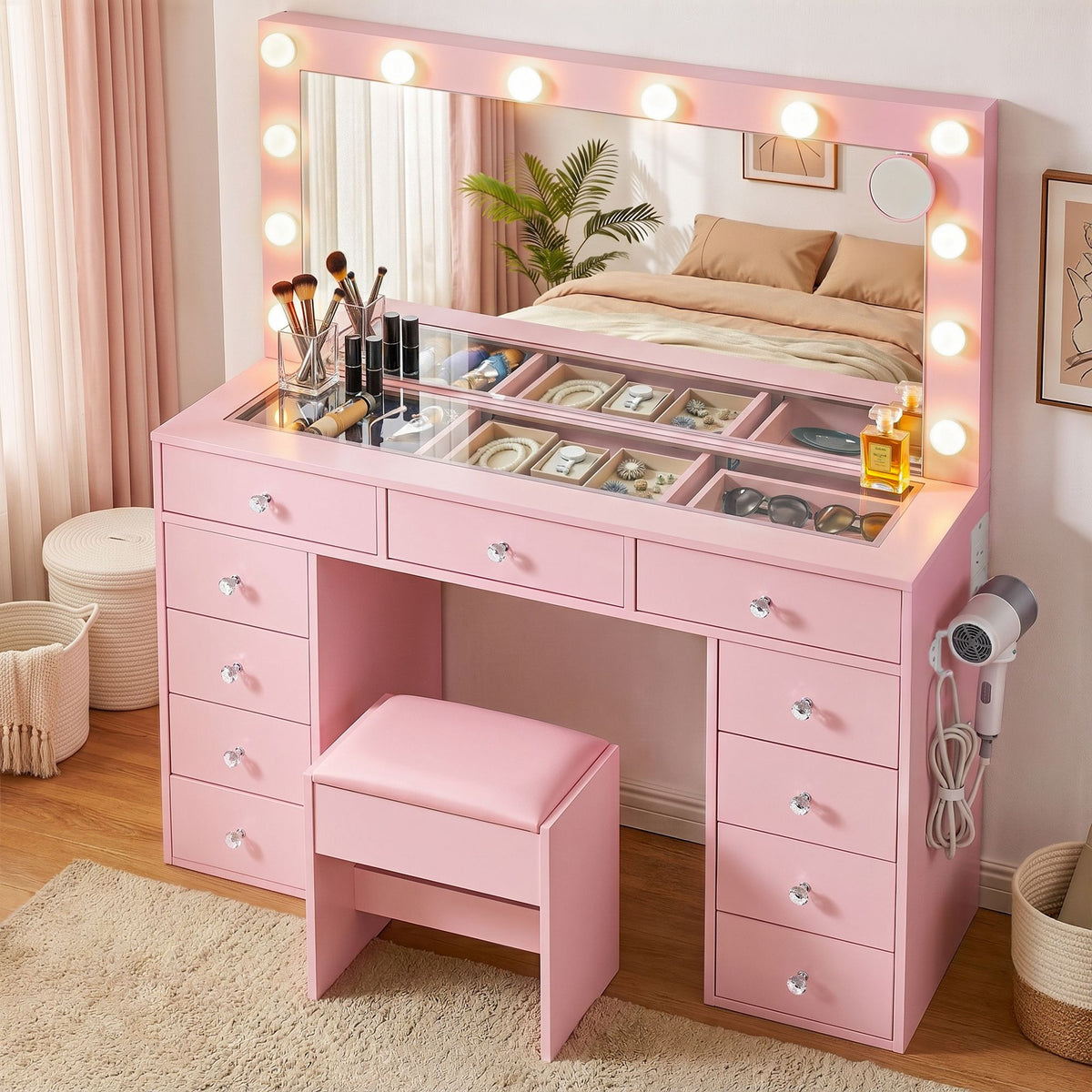 Dressing Table Charging Station LED Vanity Desk Set Stool Glass Top Make up Mirror Storage Drawer Pink - Furniture > Bedroom > Dressing Vanity & Dressing Tables - Rivercity House & Home Co. (ABN 18 642 972 209) - Affordable Modern Furniture Australia