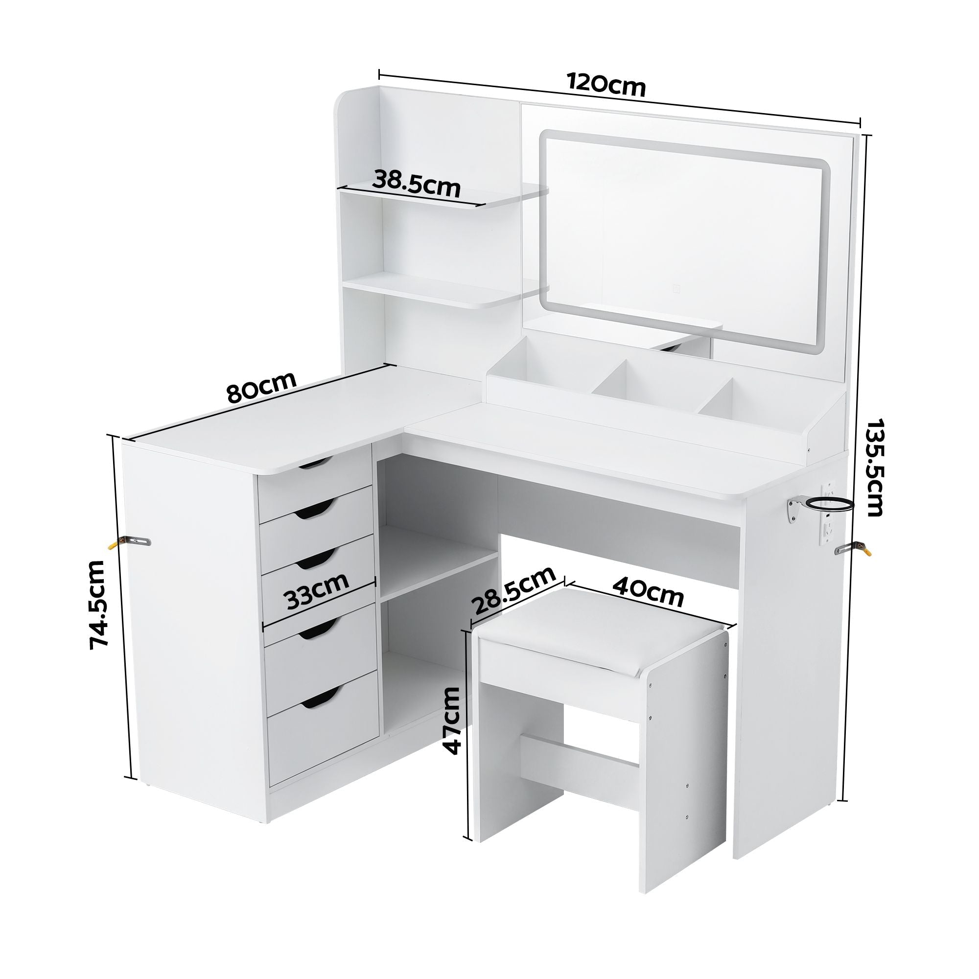 Dressing Table Corner Vanity Desk Set Stool LED Charging Station White - Furniture > Bedroom > Dressing Vanity & Dressing Tables - Rivercity House & Home Co. (ABN 18 642 972 209) - Affordable Modern Furniture Australia