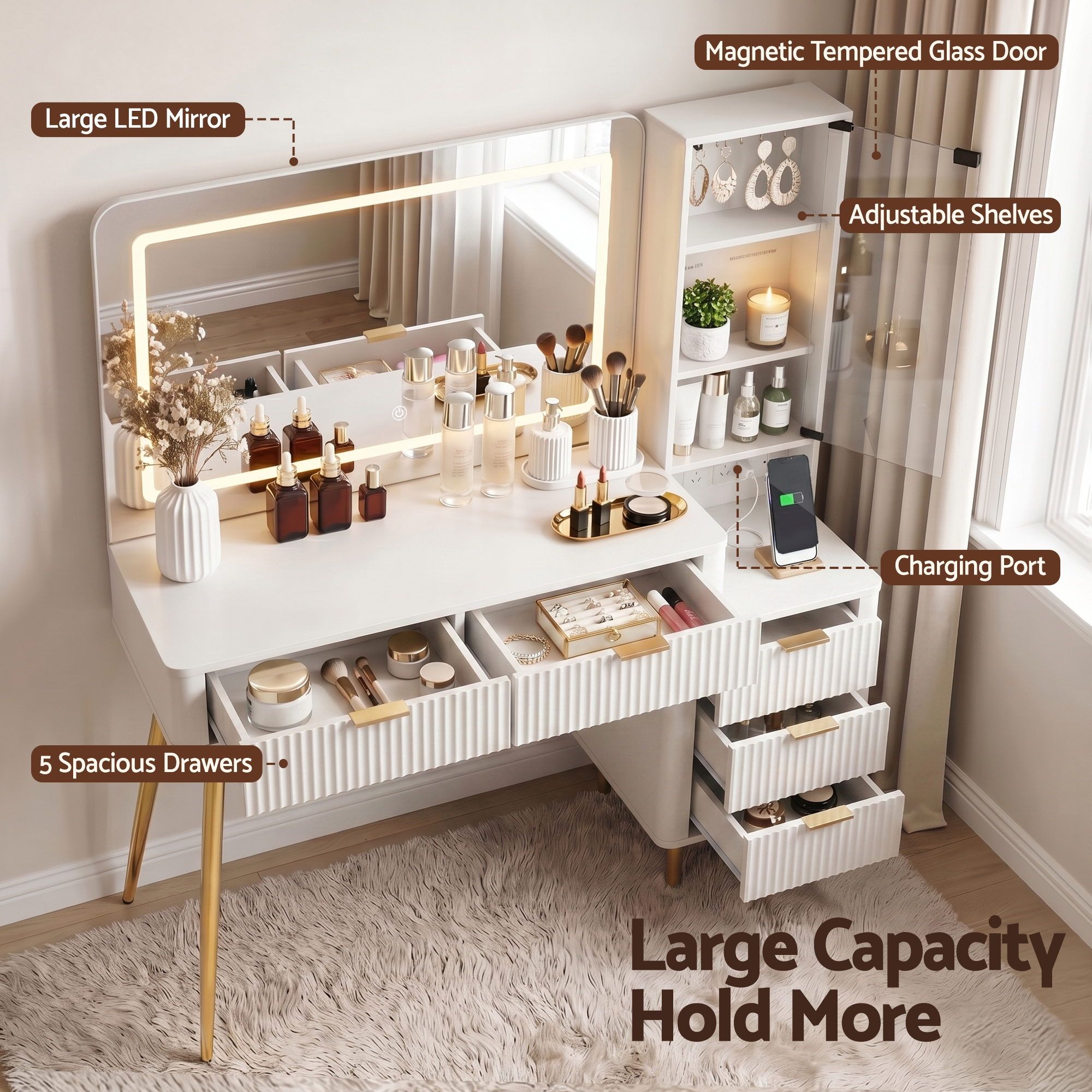 Dressing Table LED Vanity Desk Charging Station White - Furniture > Bedroom > Dressing Vanity & Dressing Tables - Rivercity House & Home Co. (ABN 18 642 972 209) - Affordable Modern Furniture Australia