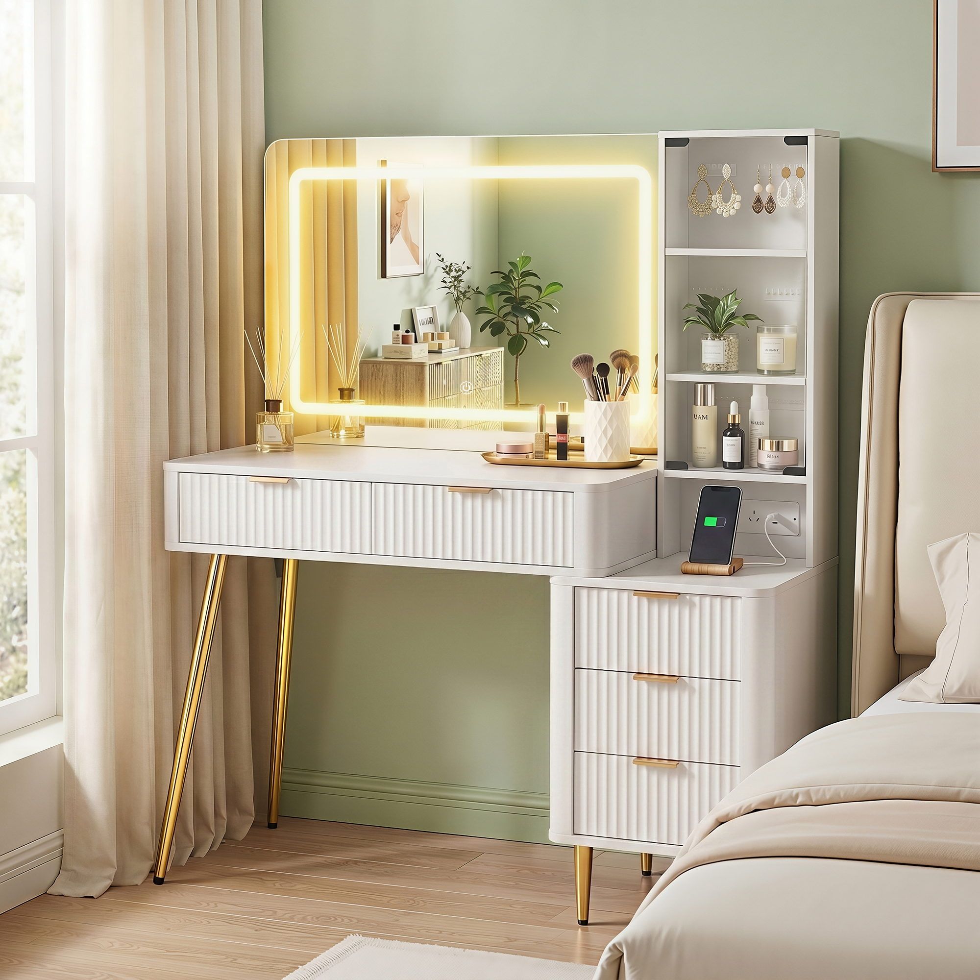 Dressing Table LED Vanity Desk Charging Station White - Furniture > Bedroom > Dressing Vanity & Dressing Tables - Rivercity House & Home Co. (ABN 18 642 972 209) - Affordable Modern Furniture Australia