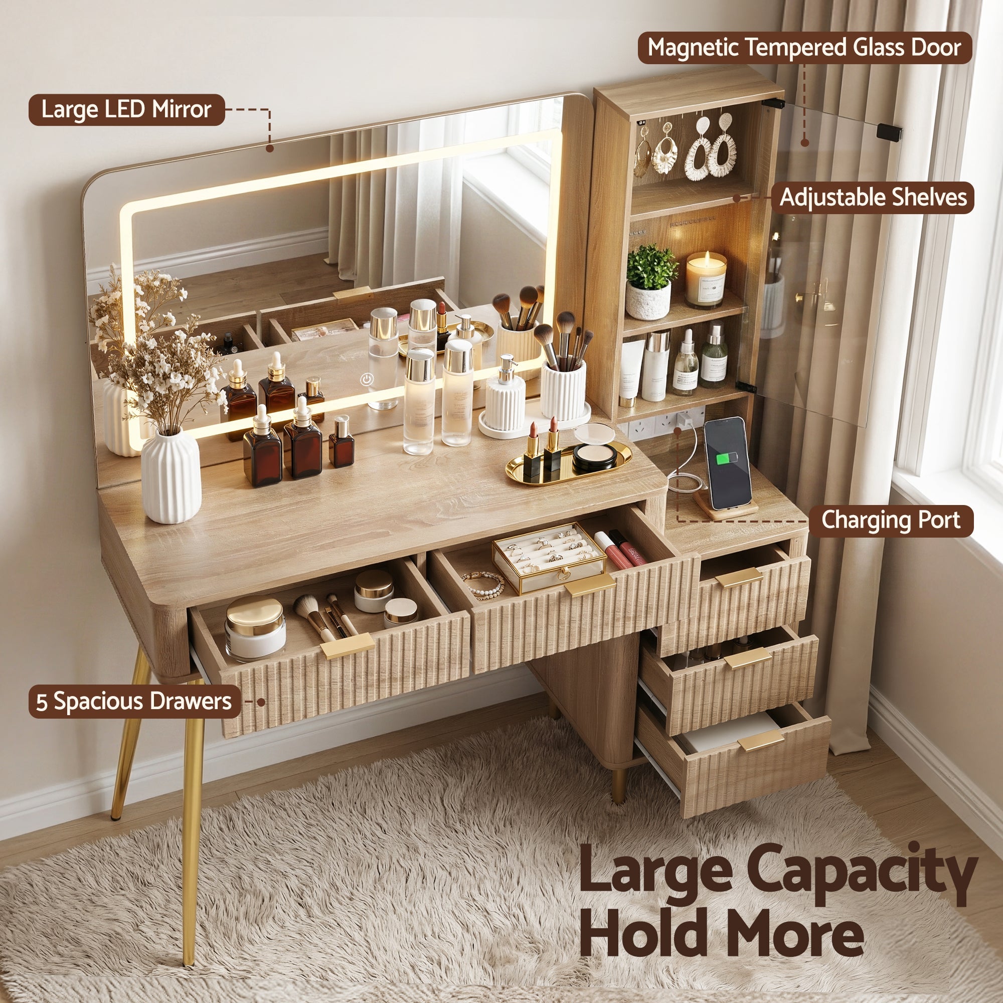 Dressing Table LED Vanity Desk Charging Station Wood - Furniture > Bedroom > Dressing Vanity & Dressing Tables - Rivercity House & Home Co. (ABN 18 642 972 209) - Affordable Modern Furniture Australia