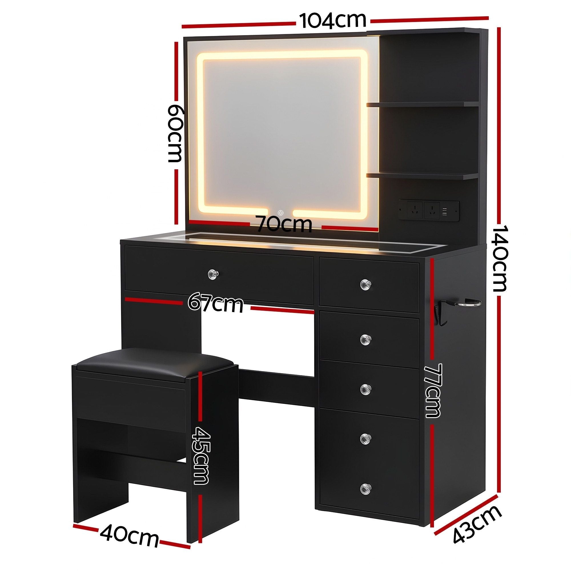 Dressing Table LED Vanity Desk Set Stool Black - Furniture > Bedroom > Dressing Vanity & Dressing Tables - Rivercity House & Home Co. (ABN 18 642 972 209) - Affordable Modern Furniture Australia