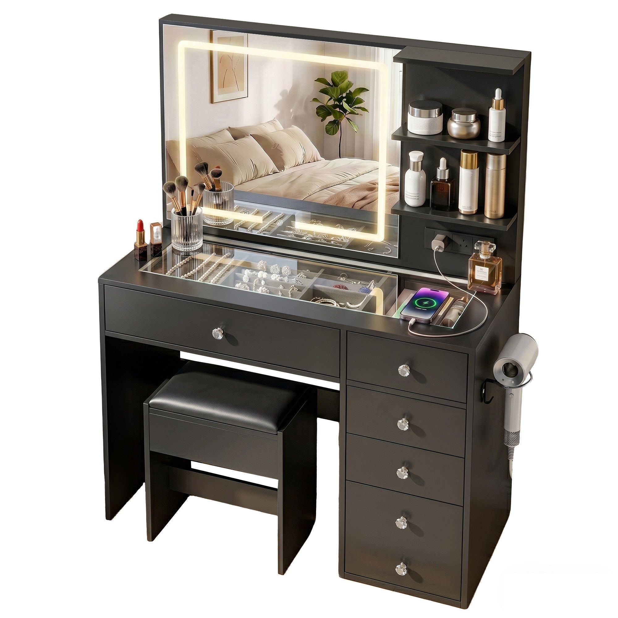 Dressing Table LED Vanity Desk Set Stool Black - Furniture > Bedroom > Dressing Vanity & Dressing Tables - Rivercity House & Home Co. (ABN 18 642 972 209) - Affordable Modern Furniture Australia