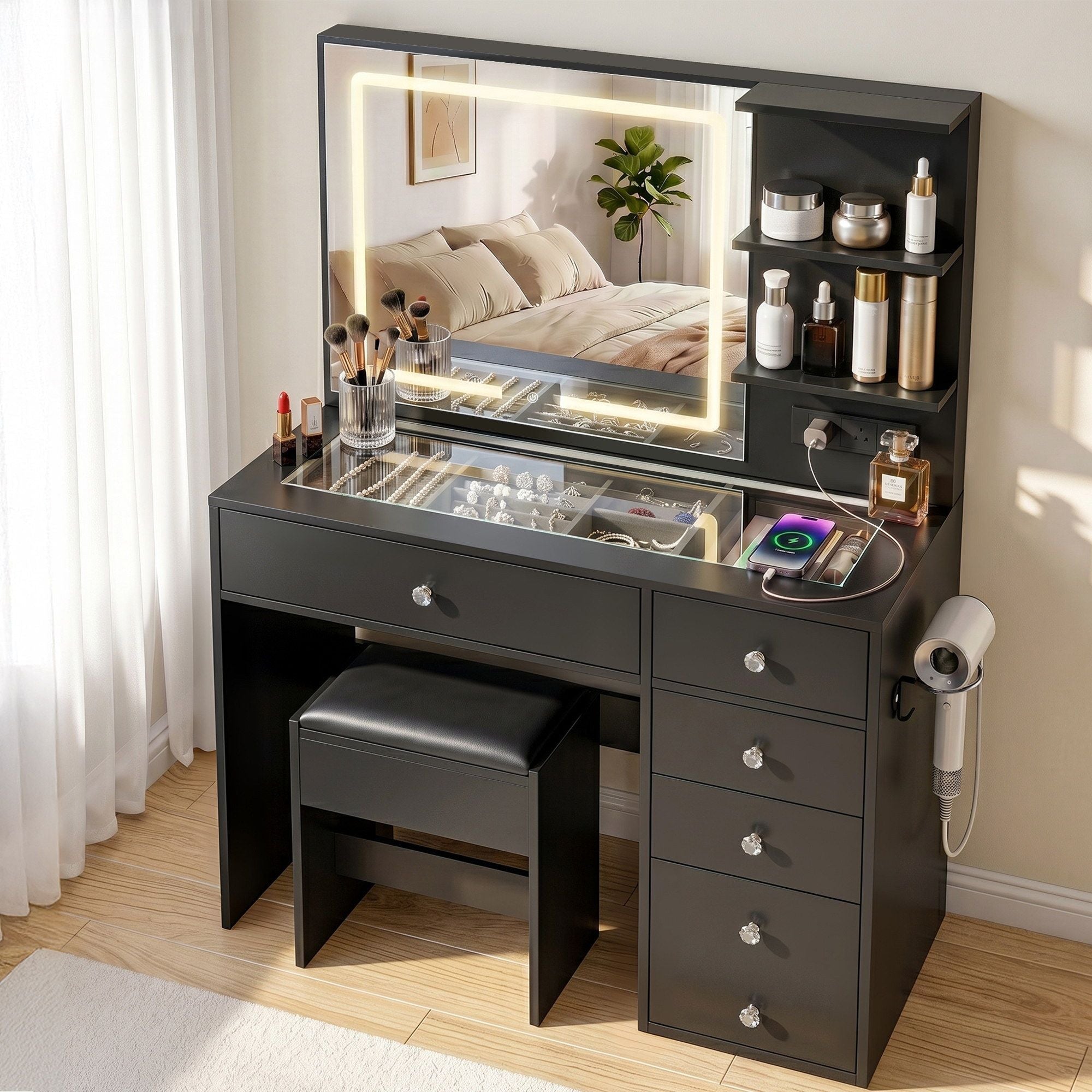 Dressing Table LED Vanity Desk Set Stool Black - Furniture > Bedroom > Dressing Vanity & Dressing Tables - Rivercity House & Home Co. (ABN 18 642 972 209) - Affordable Modern Furniture Australia
