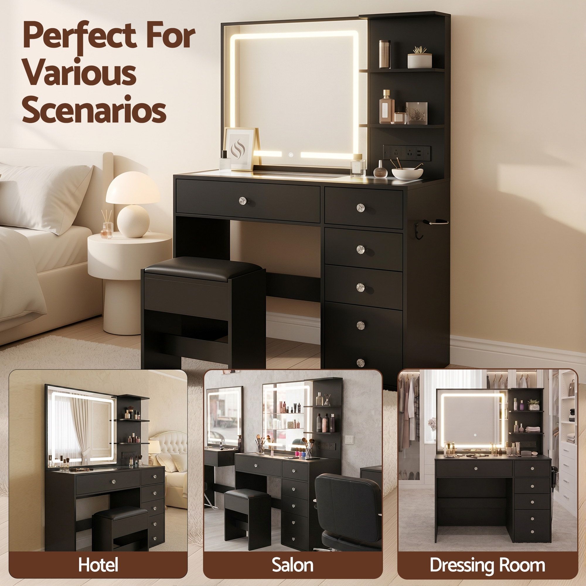 Dressing Table LED Vanity Desk Set Stool Black - Furniture > Bedroom > Dressing Vanity & Dressing Tables - Rivercity House & Home Co. (ABN 18 642 972 209) - Affordable Modern Furniture Australia