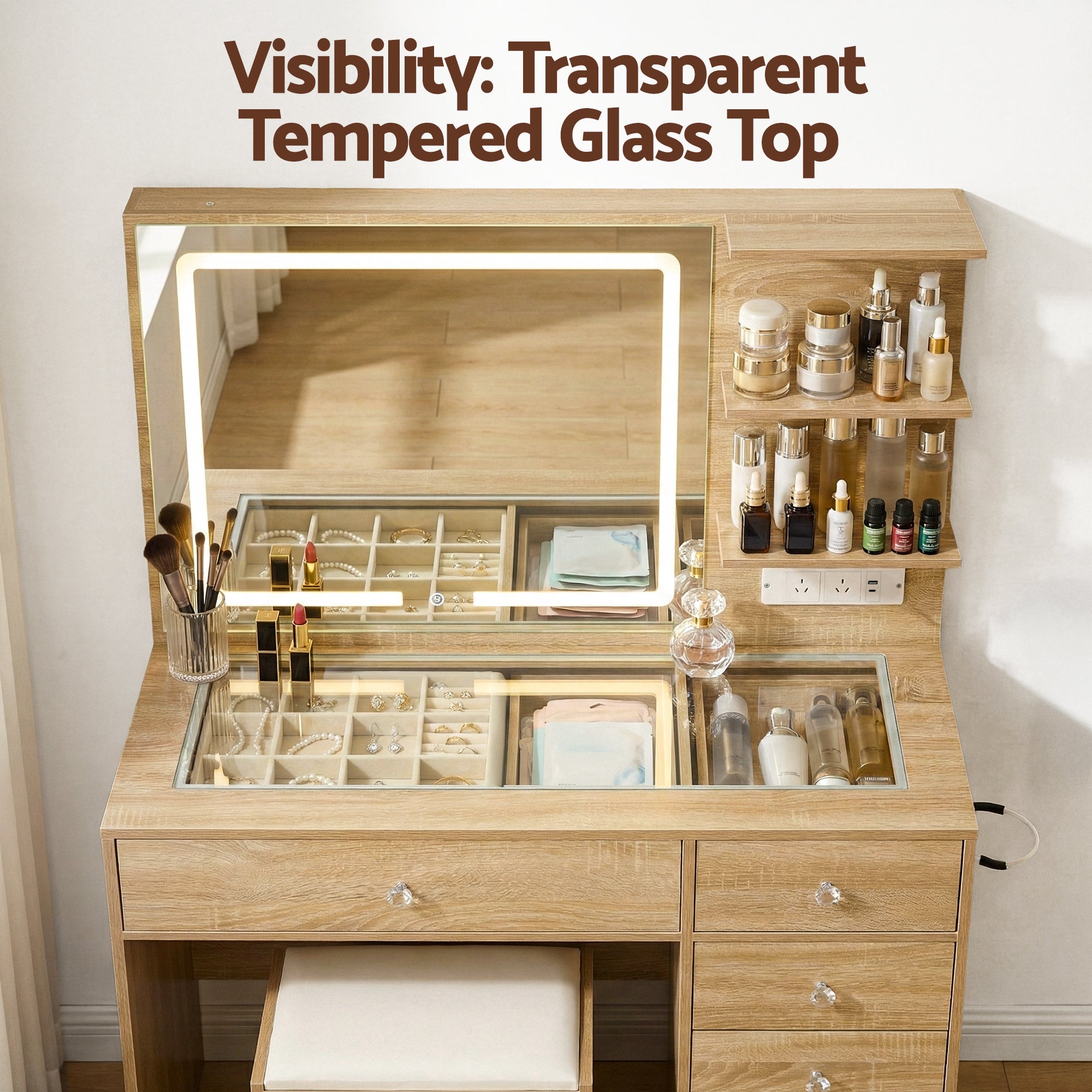 Dressing Table LED Vanity Desk Set Stool Wood - Furniture > Bedroom > Dressing Vanity & Dressing Tables - Rivercity House & Home Co. (ABN 18 642 972 209) - Affordable Modern Furniture Australia