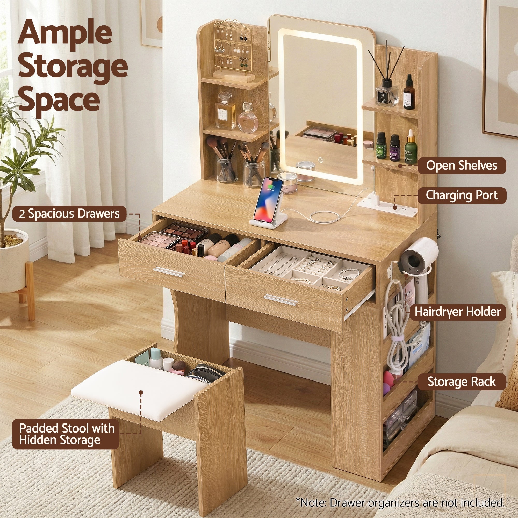 Dressing Table LED Vanity Desk Set with Stool and Storage - Wood - Furniture > Bedroom > Dressing Vanity & Dressing Tables - Rivercity House & Home Co. (ABN 18 642 972 209) - Affordable Modern Furniture Australia