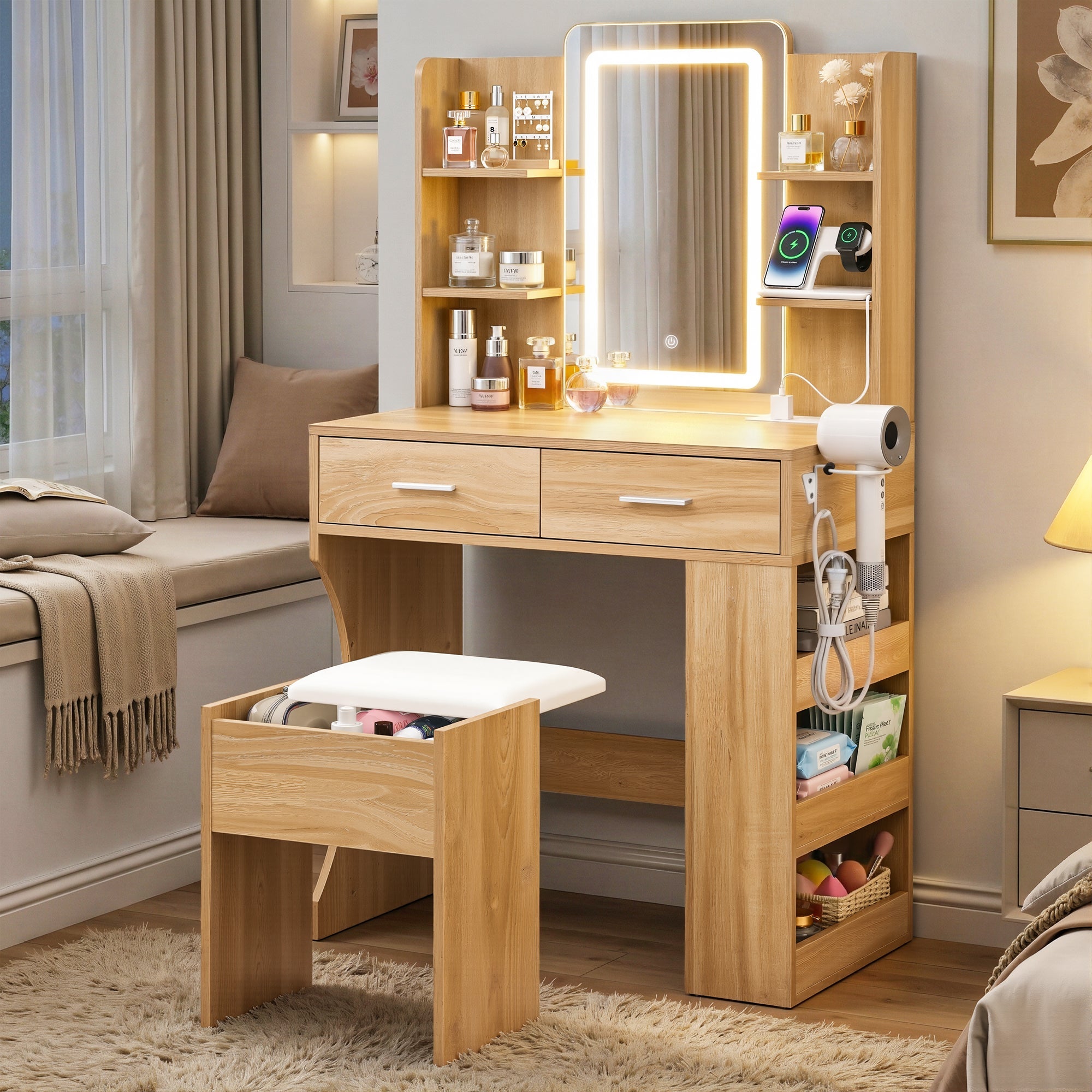 Dressing Table LED Vanity Desk Set with Stool and Storage - Wood - Furniture > Bedroom > Dressing Vanity & Dressing Tables - Rivercity House & Home Co. (ABN 18 642 972 209) - Affordable Modern Furniture Australia