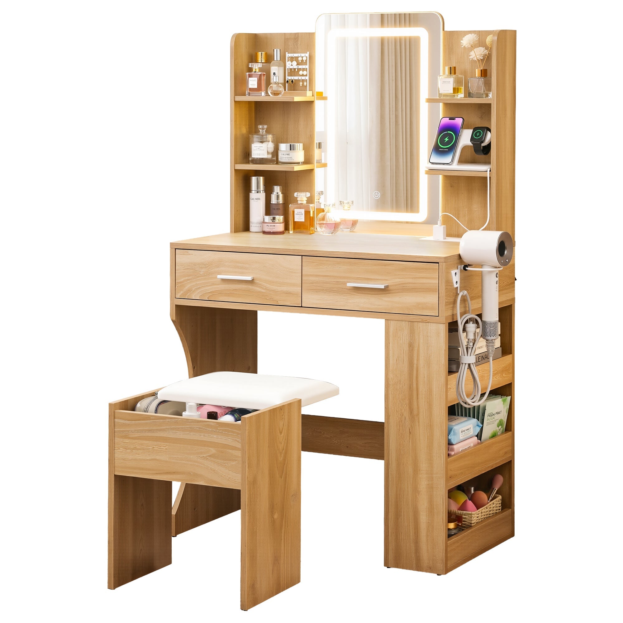 Dressing Table LED Vanity Desk Set with Stool and Storage - Wood - Furniture > Bedroom > Dressing Vanity & Dressing Tables - Rivercity House & Home Co. (ABN 18 642 972 209) - Affordable Modern Furniture Australia