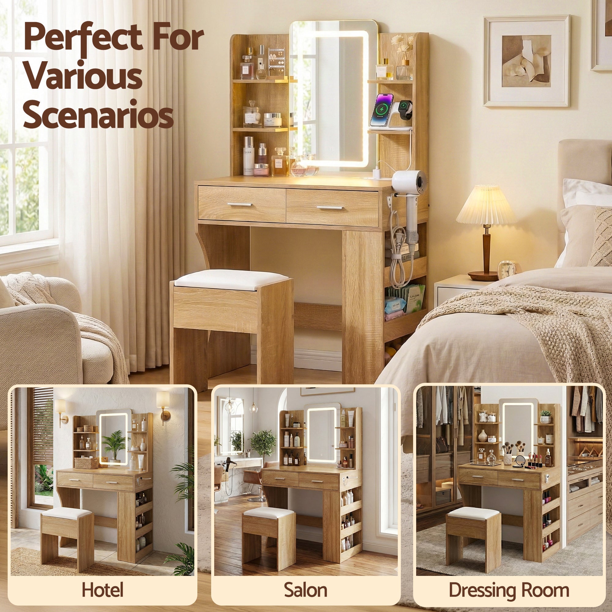 Dressing Table LED Vanity Desk Set with Stool and Storage - Wood - Furniture > Bedroom > Dressing Vanity & Dressing Tables - Rivercity House & Home Co. (ABN 18 642 972 209) - Affordable Modern Furniture Australia