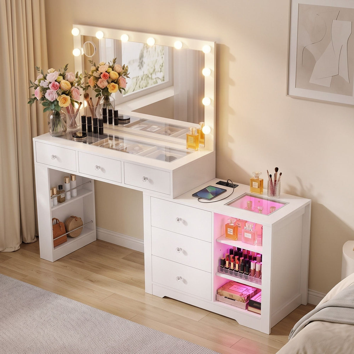 Dressing Table Makeup Vanity Desk with LED Mirror, Charging Station & Storage Drawers - White - Furniture > Bedroom > Dressing Vanity & Dressing Tables - Rivercity House & Home Co. (ABN 18 642 972 209) - Affordable Modern Furniture Australia