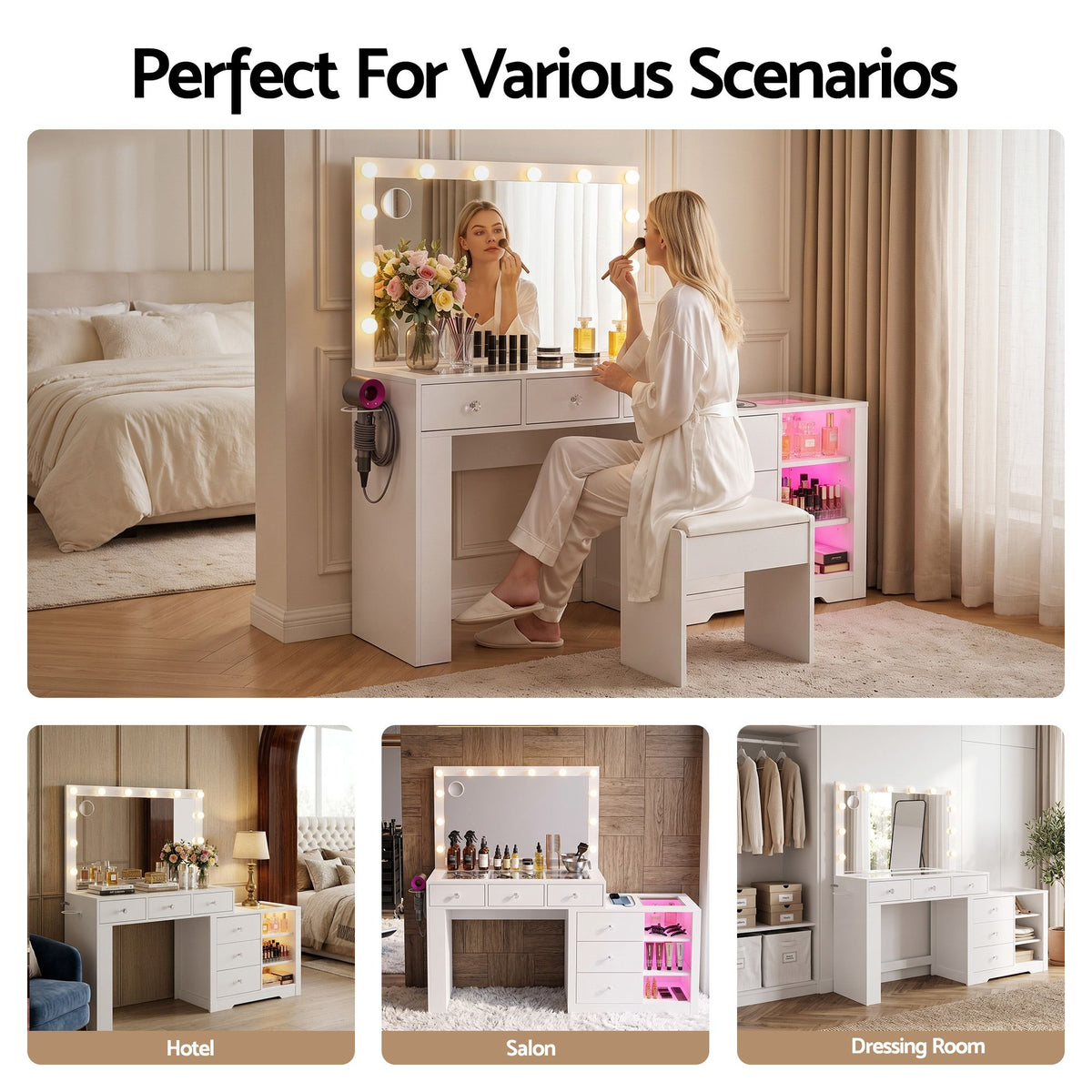 Dressing Table Makeup Vanity Desk with LED Mirror, Charging Station & Storage Drawers - White - Furniture > Bedroom > Dressing Vanity & Dressing Tables - Rivercity House & Home Co. (ABN 18 642 972 209) - Affordable Modern Furniture Australia