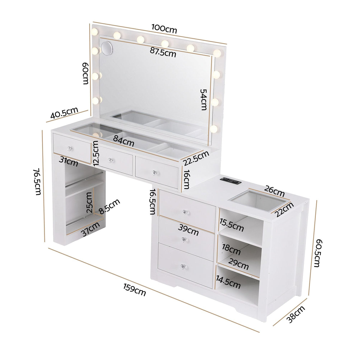 Dressing Table Makeup Vanity Desk with LED Mirror, Charging Station & Storage Drawers - White - Furniture > Bedroom > Dressing Vanity & Dressing Tables - Rivercity House & Home Co. (ABN 18 642 972 209) - Affordable Modern Furniture Australia