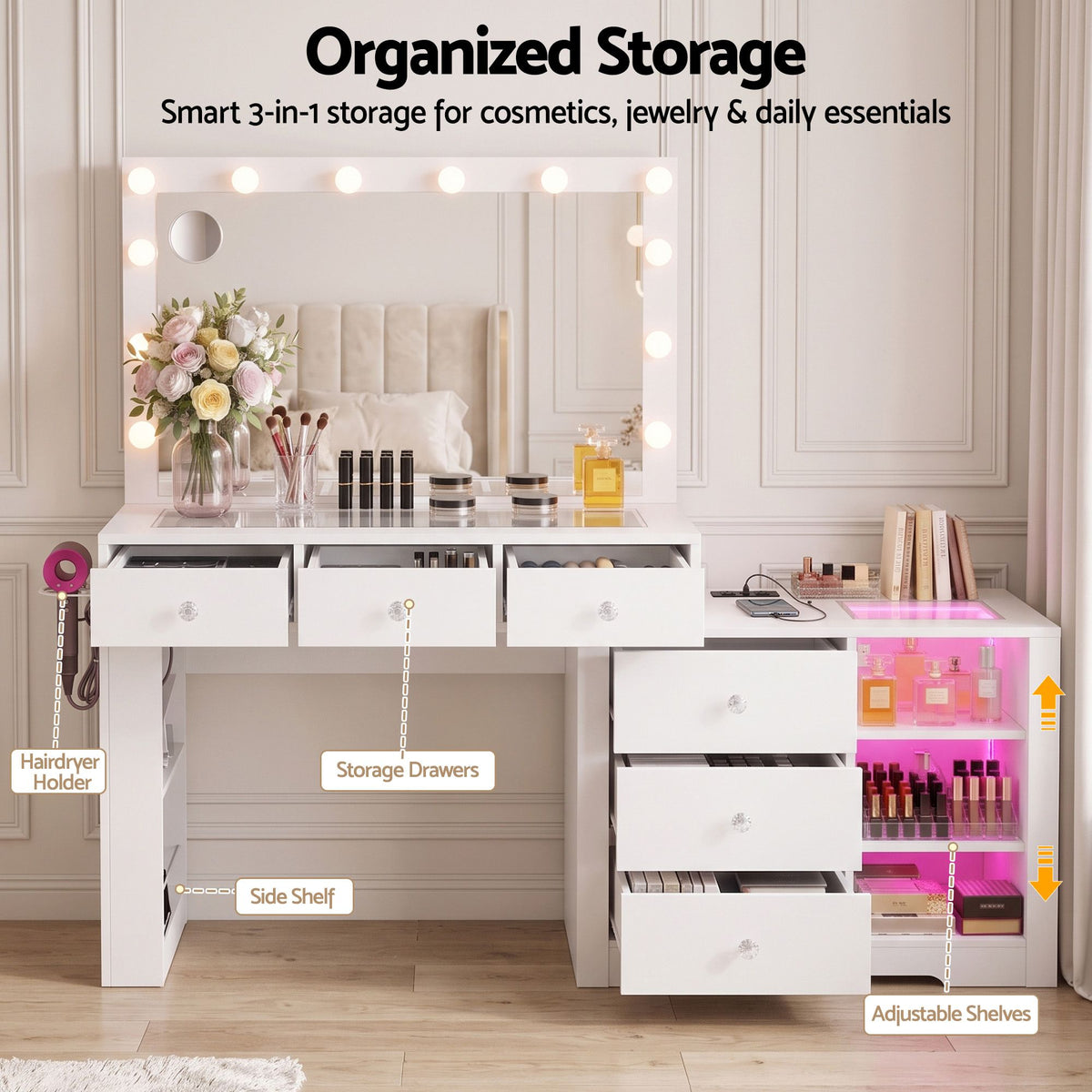 Dressing Table Makeup Vanity Desk with LED Mirror, Charging Station & Storage Drawers - White - Furniture > Bedroom > Dressing Vanity & Dressing Tables - Rivercity House & Home Co. (ABN 18 642 972 209) - Affordable Modern Furniture Australia