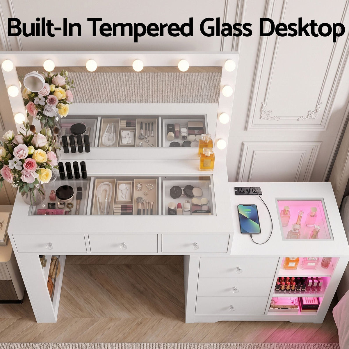 Dressing Table Makeup Vanity Desk with LED Mirror, Charging Station & Storage Drawers - White - Furniture > Bedroom > Dressing Vanity & Dressing Tables - Rivercity House & Home Co. (ABN 18 642 972 209) - Affordable Modern Furniture Australia