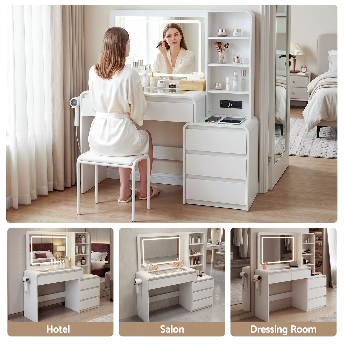 Dressing Table Makeup Vanity Desk with LED Mirror, Drawers & Charging Station - White - Furniture > Bedroom > Dressing Vanity & Dressing Tables - Rivercity House & Home Co. (ABN 18 642 972 209) - Affordable Modern Furniture Australia
