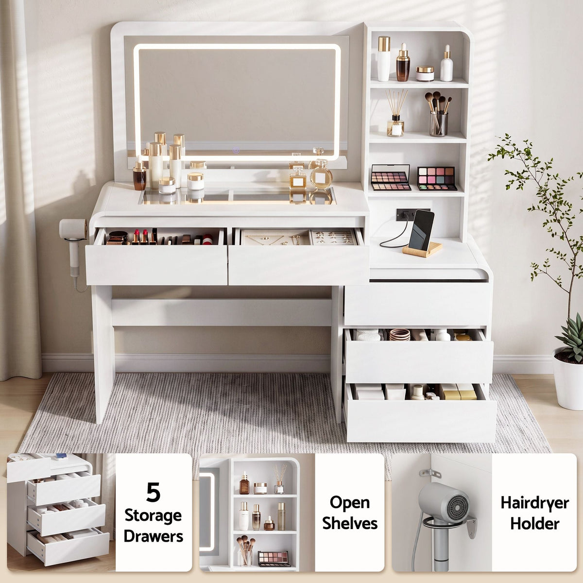 Dressing Table Makeup Vanity Desk with LED Mirror, Drawers & Charging Station - White - Furniture > Bedroom > Dressing Vanity & Dressing Tables - Rivercity House & Home Co. (ABN 18 642 972 209) - Affordable Modern Furniture Australia