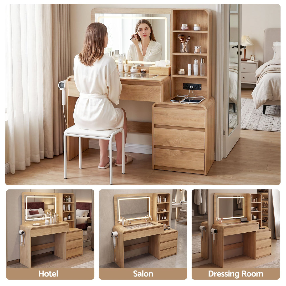 Dressing Table Makeup Vanity Desk with LED Mirror, Drawers & Charging Station - Wood - Furniture > Bedroom > Dressing Vanity & Dressing Tables - Rivercity House & Home Co. (ABN 18 642 972 209) - Affordable Modern Furniture Australia