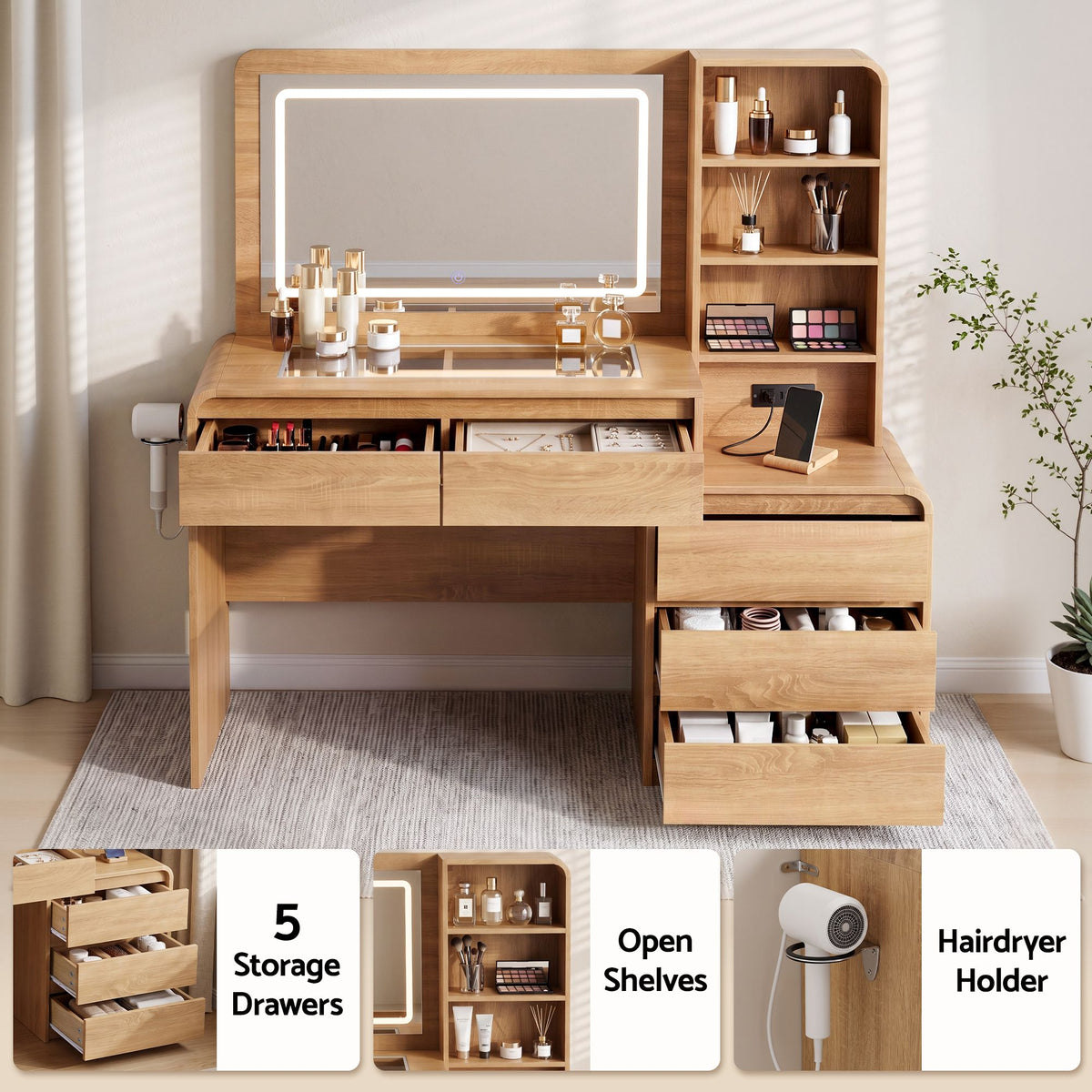 Dressing Table Makeup Vanity Desk with LED Mirror, Drawers & Charging Station - Wood - Furniture > Bedroom > Dressing Vanity & Dressing Tables - Rivercity House & Home Co. (ABN 18 642 972 209) - Affordable Modern Furniture Australia