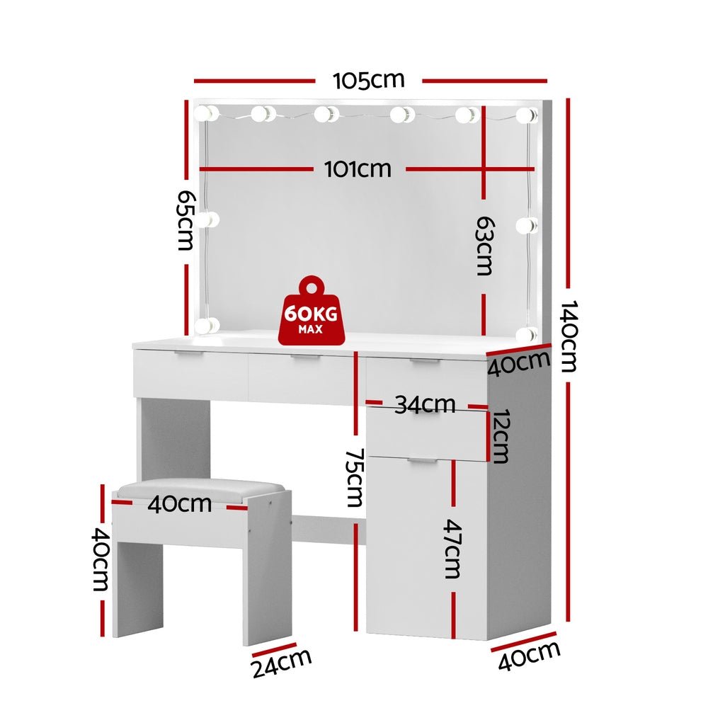 Dressing Table Set Stool 10 Led Bulbs White - Furniture > Bedroom > Dressing Vanity & Dressing Tables - Rivercity House & Home Co. (ABN 18 642 972 209) - Affordable Modern Furniture Australia