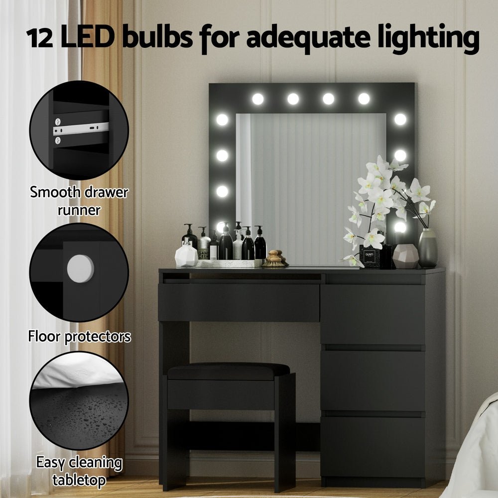 Dressing Table Set Stool 12 Led Bulbs Black - Furniture > Bedroom > Dressing Vanity & Dressing Tables - Rivercity House & Home Co. (ABN 18 642 972 209) - Affordable Modern Furniture Australia