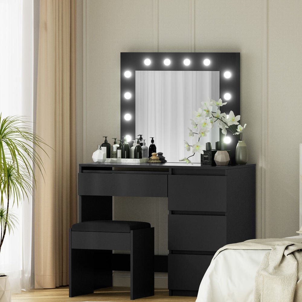 Dressing Table Set Stool 12 Led Bulbs Black - Furniture > Bedroom > Dressing Vanity & Dressing Tables - Rivercity House & Home Co. (ABN 18 642 972 209) - Affordable Modern Furniture Australia