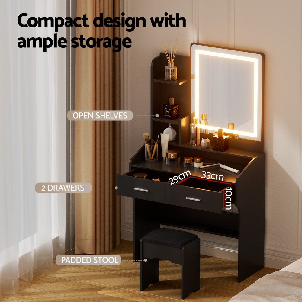 Dressing Table Set Stool Led Black - Furniture > Bedroom > Dressing Vanity & Dressing Tables - Rivercity House & Home Co. (ABN 18 642 972 209) - Affordable Modern Furniture Australia