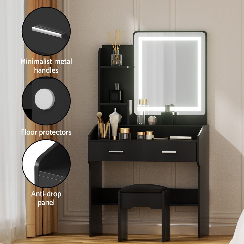 Dressing Table Set Stool Led Black - Furniture > Bedroom > Dressing Vanity & Dressing Tables - Rivercity House & Home Co. (ABN 18 642 972 209) - Affordable Modern Furniture Australia