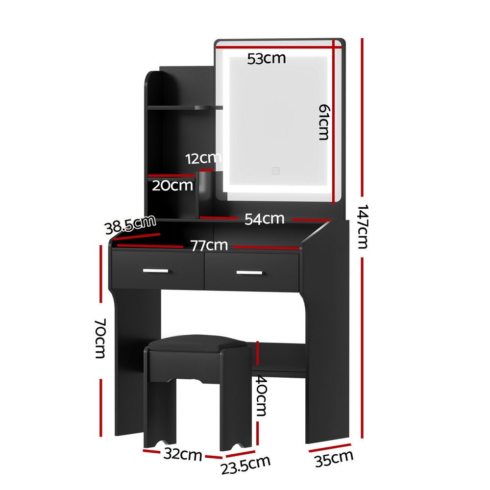 Dressing Table Set Stool Led Black - Furniture > Bedroom > Dressing Vanity & Dressing Tables - Rivercity House & Home Co. (ABN 18 642 972 209) - Affordable Modern Furniture Australia