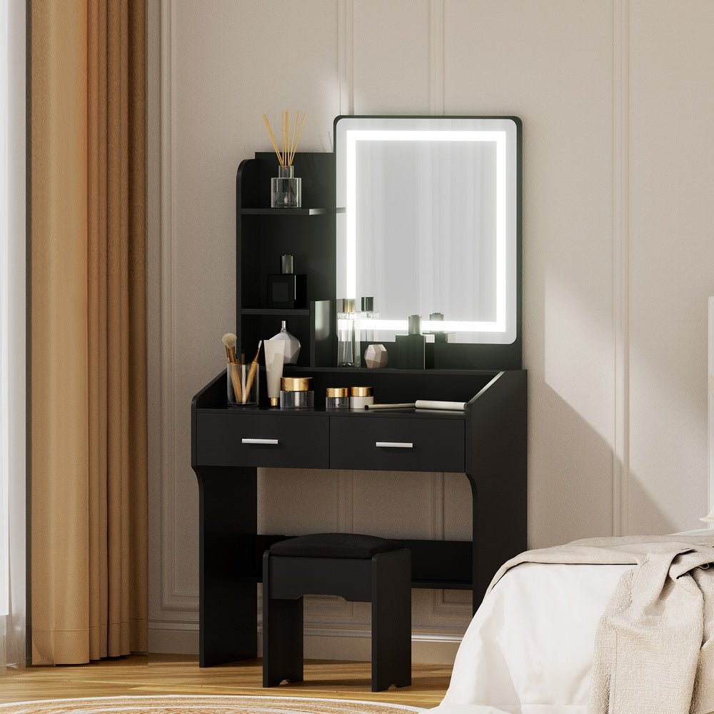 Dressing Table Set Stool Led Black - Furniture > Bedroom > Dressing Vanity & Dressing Tables - Rivercity House & Home Co. (ABN 18 642 972 209) - Affordable Modern Furniture Australia