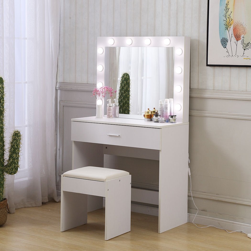 Dressing Table Set with LED Makeup Mirror and Stool - White - Rivercity House & Home Co. (ABN 18 642 972 209) - Affordable Modern Furniture Australia