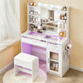 Dressing Table Vanity Desk with 10 LED Bulbs, RGB Light, Charging Station - White