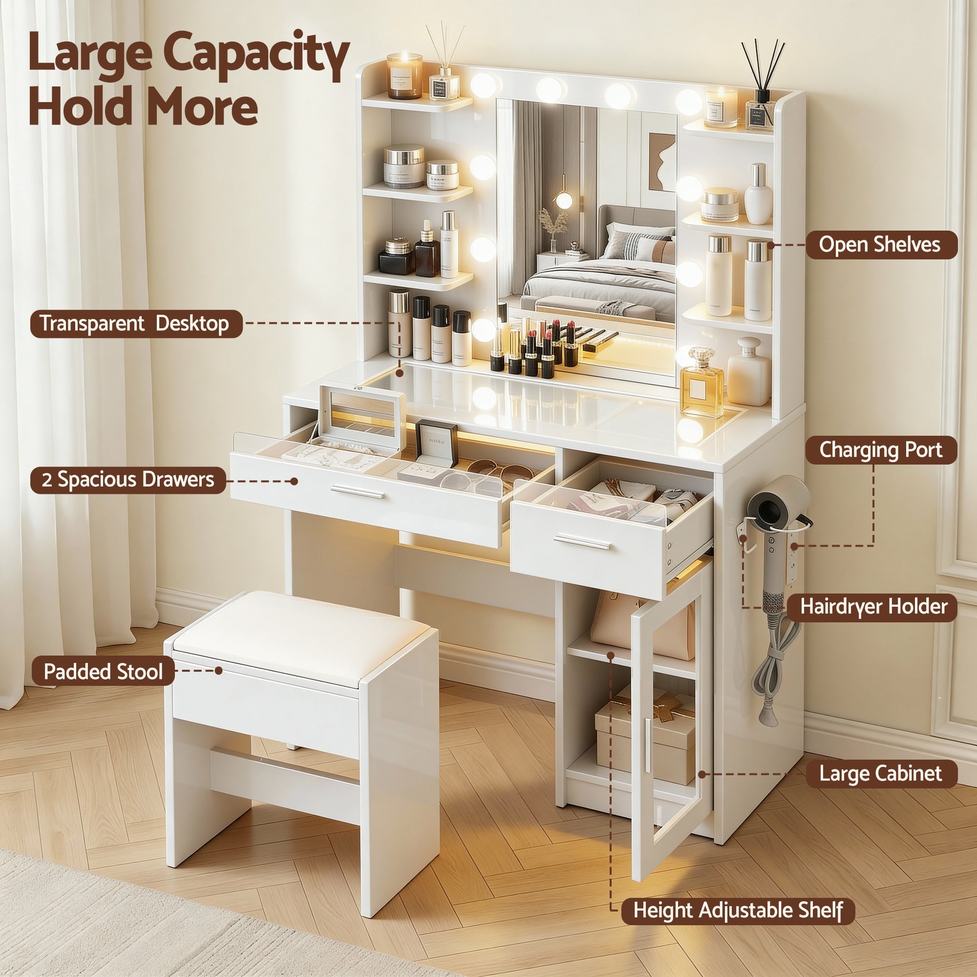 Dressing Table Vanity Desk Set 10 LED Bulbs RGB Light White - Furniture > Bedroom > Dressing Vanity & Dressing Tables - Rivercity House & Home Co. (ABN 18 642 972 209) - Affordable Modern Furniture Australia