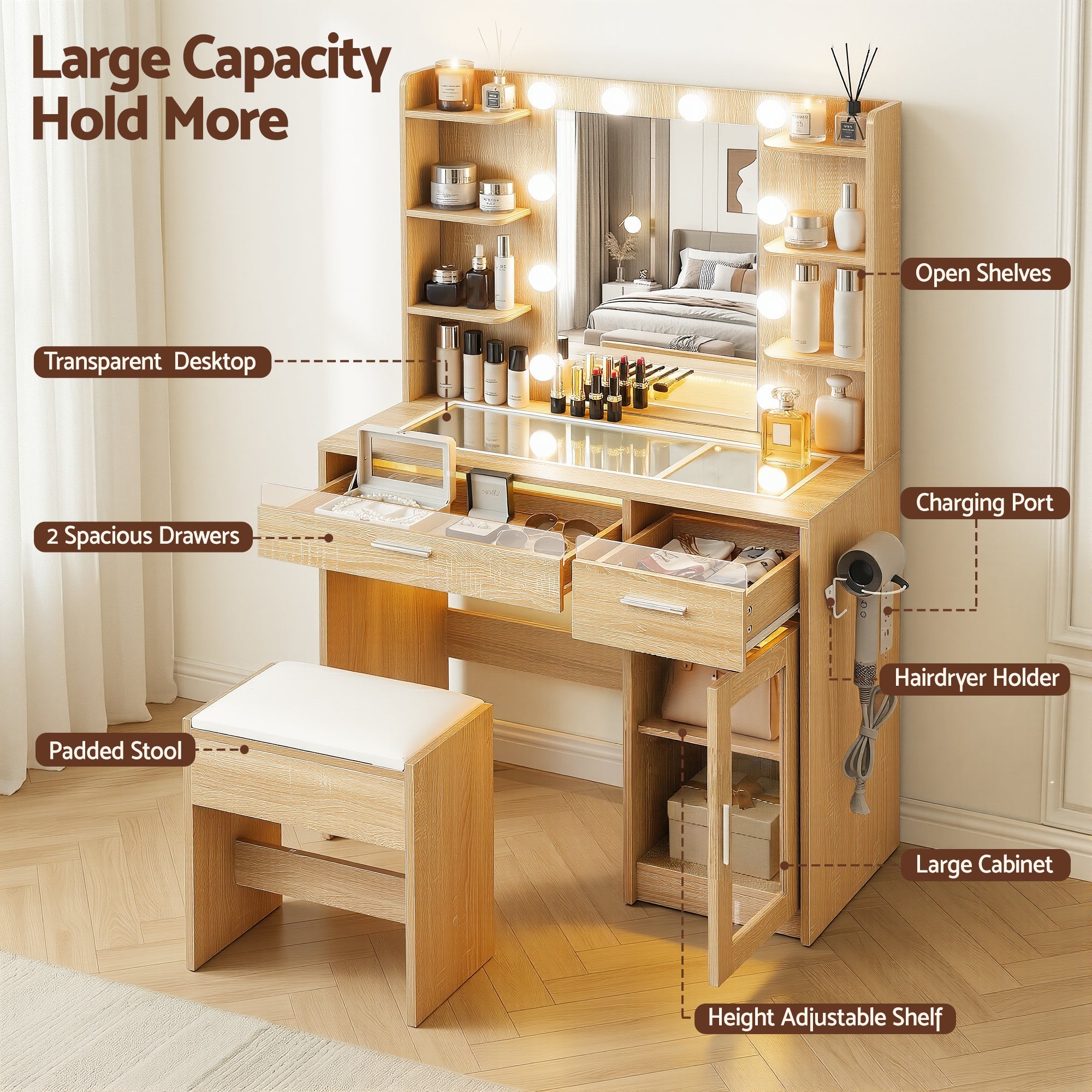 Dressing Table Vanity Desk Set 10 LED Bulbs RGB Light Wood - Furniture > Bedroom > Dressing Vanity & Dressing Tables - Rivercity House & Home Co. (ABN 18 642 972 209) - Affordable Modern Furniture Australia