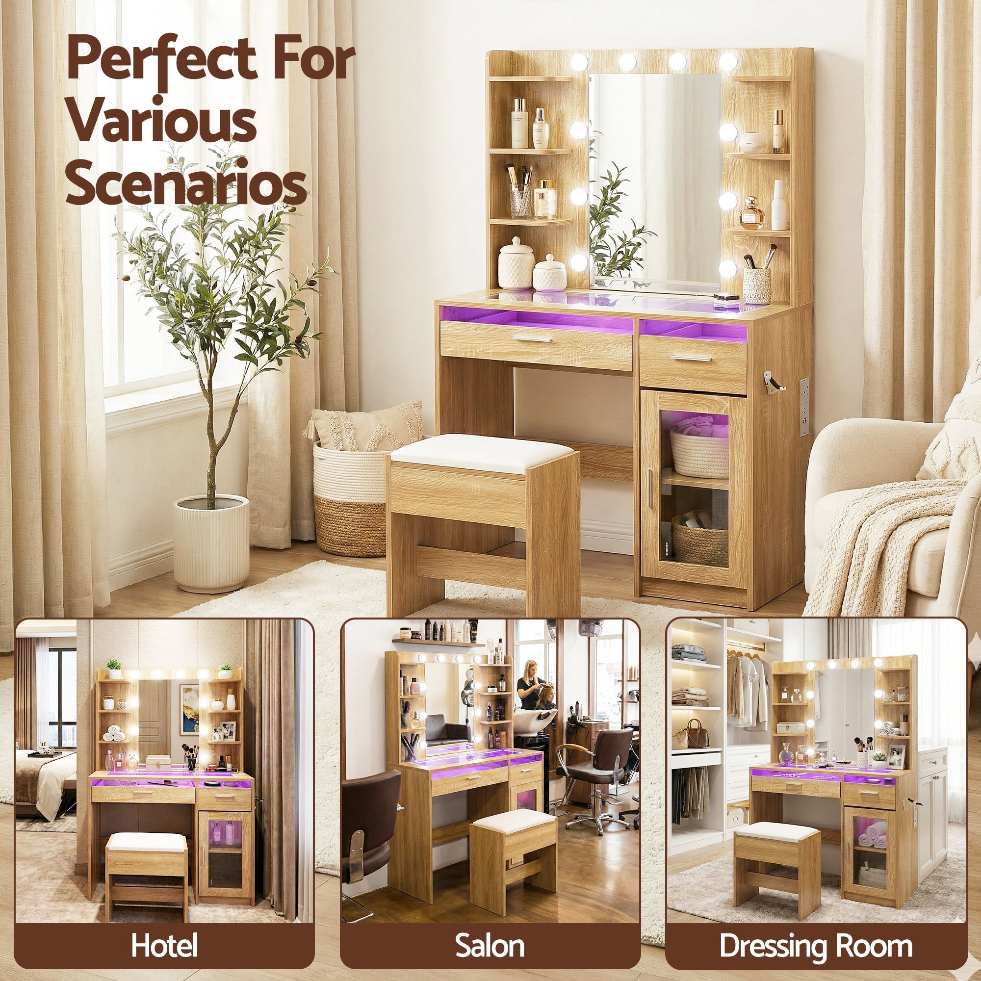 Dressing Table Vanity Desk Set 10 LED Bulbs RGB Light Wood - Furniture > Bedroom > Dressing Vanity & Dressing Tables - Rivercity House & Home Co. (ABN 18 642 972 209) - Affordable Modern Furniture Australia