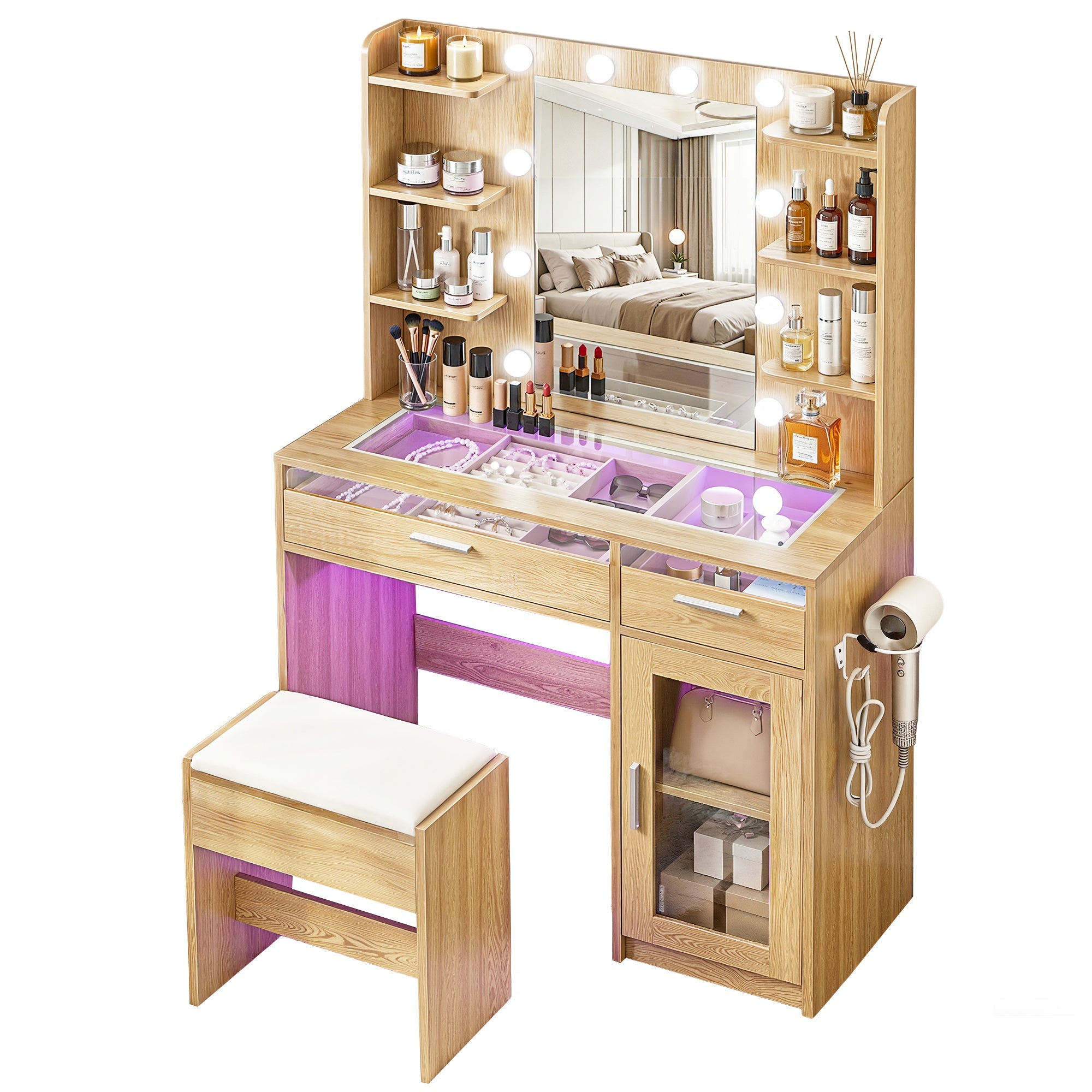 Dressing Table Vanity Desk Set 10 LED Bulbs RGB Light Wood - Furniture > Bedroom > Dressing Vanity & Dressing Tables - Rivercity House & Home Co. (ABN 18 642 972 209) - Affordable Modern Furniture Australia