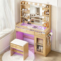 Dressing Table Vanity Desk with 10 LED Bulbs, RGB Light, Storage Drawers - Wood