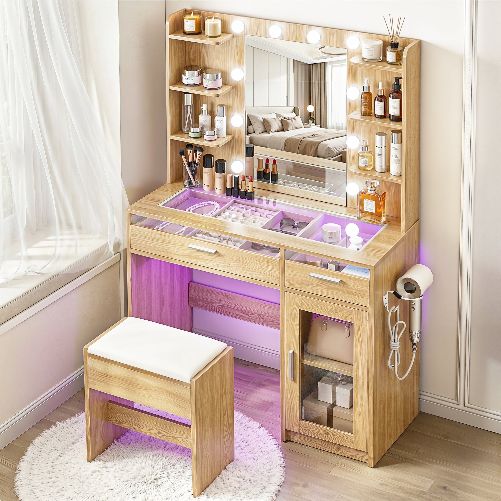 Dressing Table Vanity Desk Set 10 LED Bulbs RGB Light Wood - Furniture > Bedroom > Dressing Vanity & Dressing Tables - Rivercity House & Home Co. (ABN 18 642 972 209) - Affordable Modern Furniture Australia