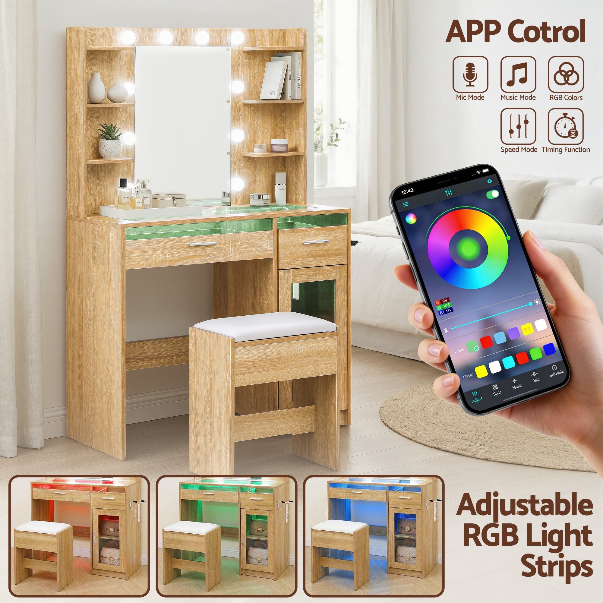 Dressing Table Vanity Desk Set 10 LED Bulbs RGB Light Wood - Furniture > Bedroom > Dressing Vanity & Dressing Tables - Rivercity House & Home Co. (ABN 18 642 972 209) - Affordable Modern Furniture Australia
