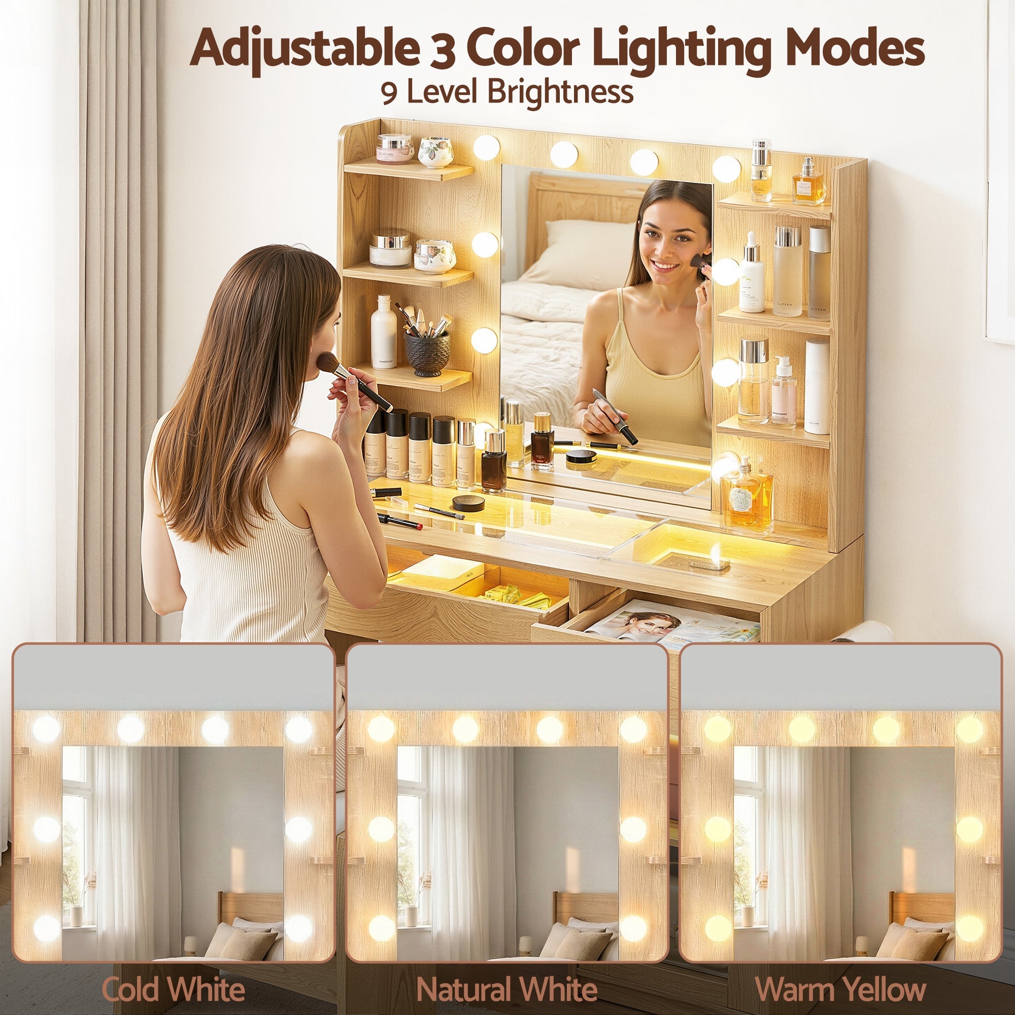 Dressing Table Vanity Desk Set 10 LED Bulbs RGB Light Wood - Furniture > Bedroom > Dressing Vanity & Dressing Tables - Rivercity House & Home Co. (ABN 18 642 972 209) - Affordable Modern Furniture Australia