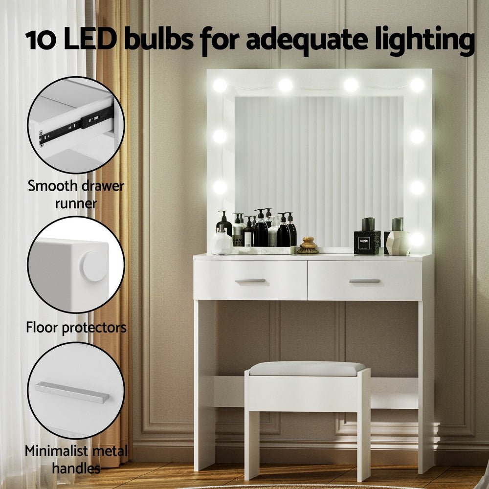 Dressing Table Vanity Desk Set Stool 10 Led Bulbs White - Furniture > Bedroom > Dressing Vanity & Dressing Tables - Rivercity House & Home Co. (ABN 18 642 972 209) - Affordable Modern Furniture Australia