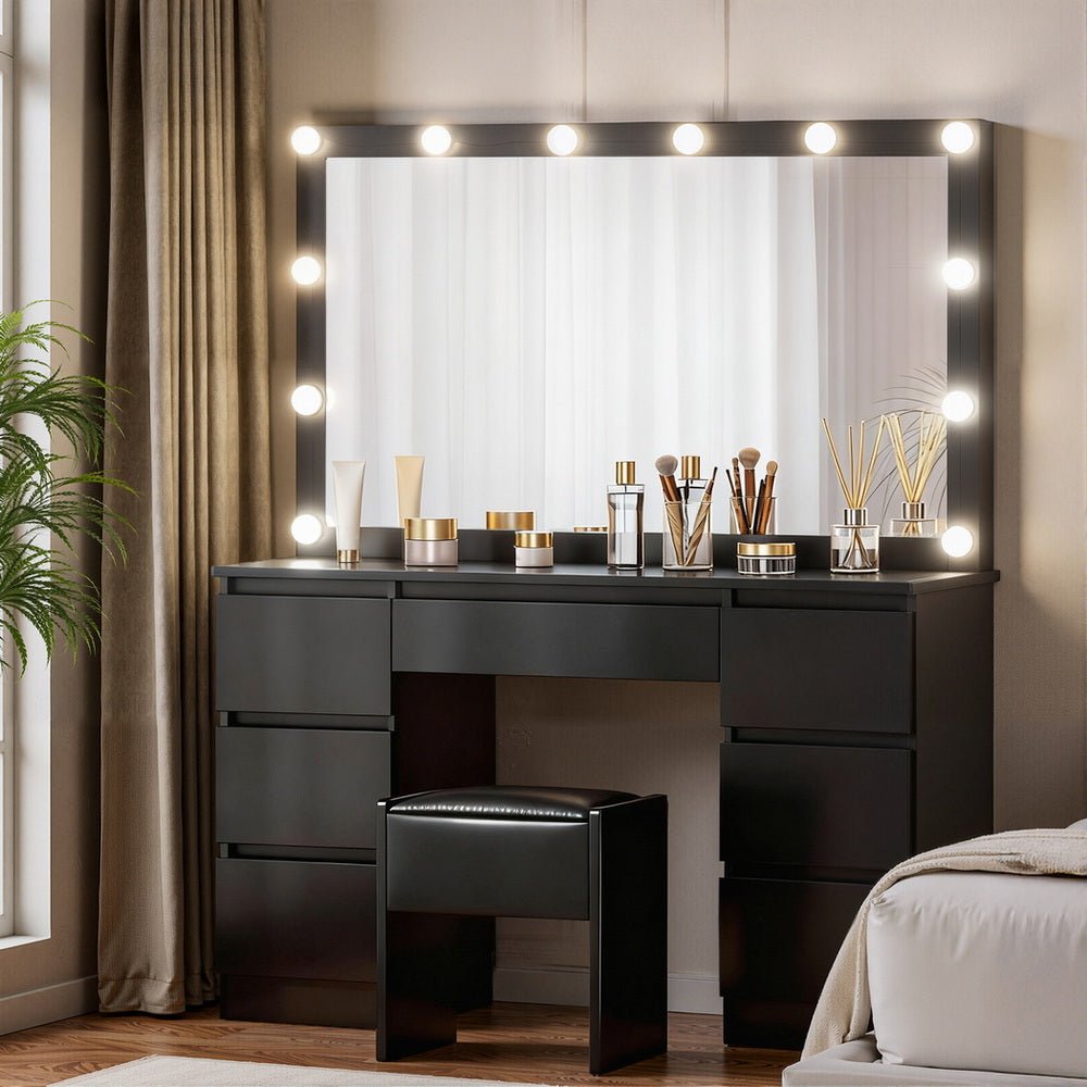 Dressing Table Vanity Desk Set Stool 12 Led Bulbs Black - Furniture > Bedroom > Dressing Vanity & Dressing Tables - Rivercity House & Home Co. (ABN 18 642 972 209) - Affordable Modern Furniture Australia