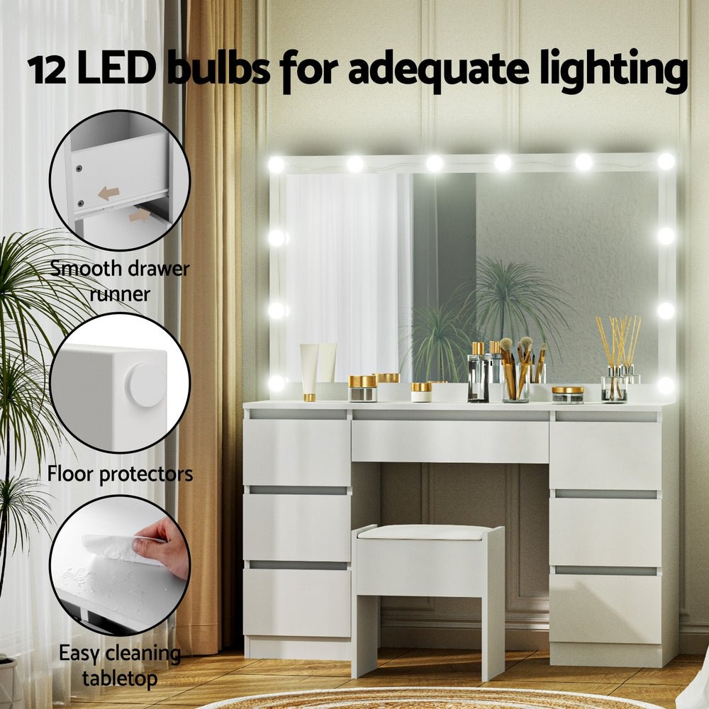 Dressing Table Vanity Desk Set Stool 12 Led Bulbs White - Furniture > Bedroom > Dressing Vanity & Dressing Tables - Rivercity House & Home Co. (ABN 18 642 972 209) - Affordable Modern Furniture Australia