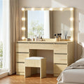 Dressing Table Vanity Desk Set with 12 LED Bulbs and Stool - Wood