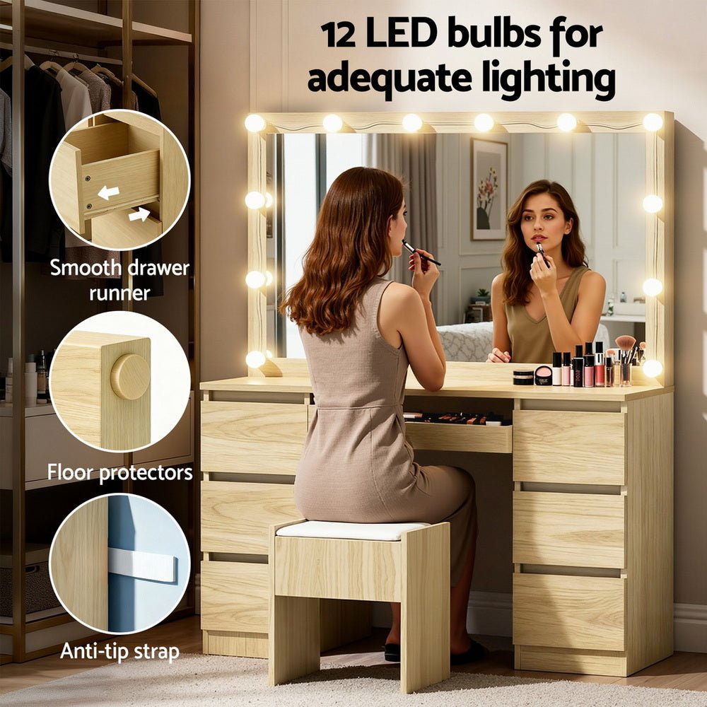 Dressing Table Vanity Desk Set Stool 12 Led Bulbs Wood - Furniture > Bedroom > Dressing Vanity & Dressing Tables - Rivercity House & Home Co. (ABN 18 642 972 209) - Affordable Modern Furniture Australia