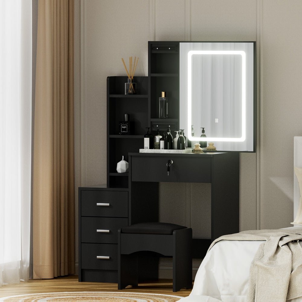 Dressing Table Vanity Desk Set Stool Led Black - Furniture > Bedroom > Dressing Vanity & Dressing Tables - Rivercity House & Home Co. (ABN 18 642 972 209) - Affordable Modern Furniture Australia