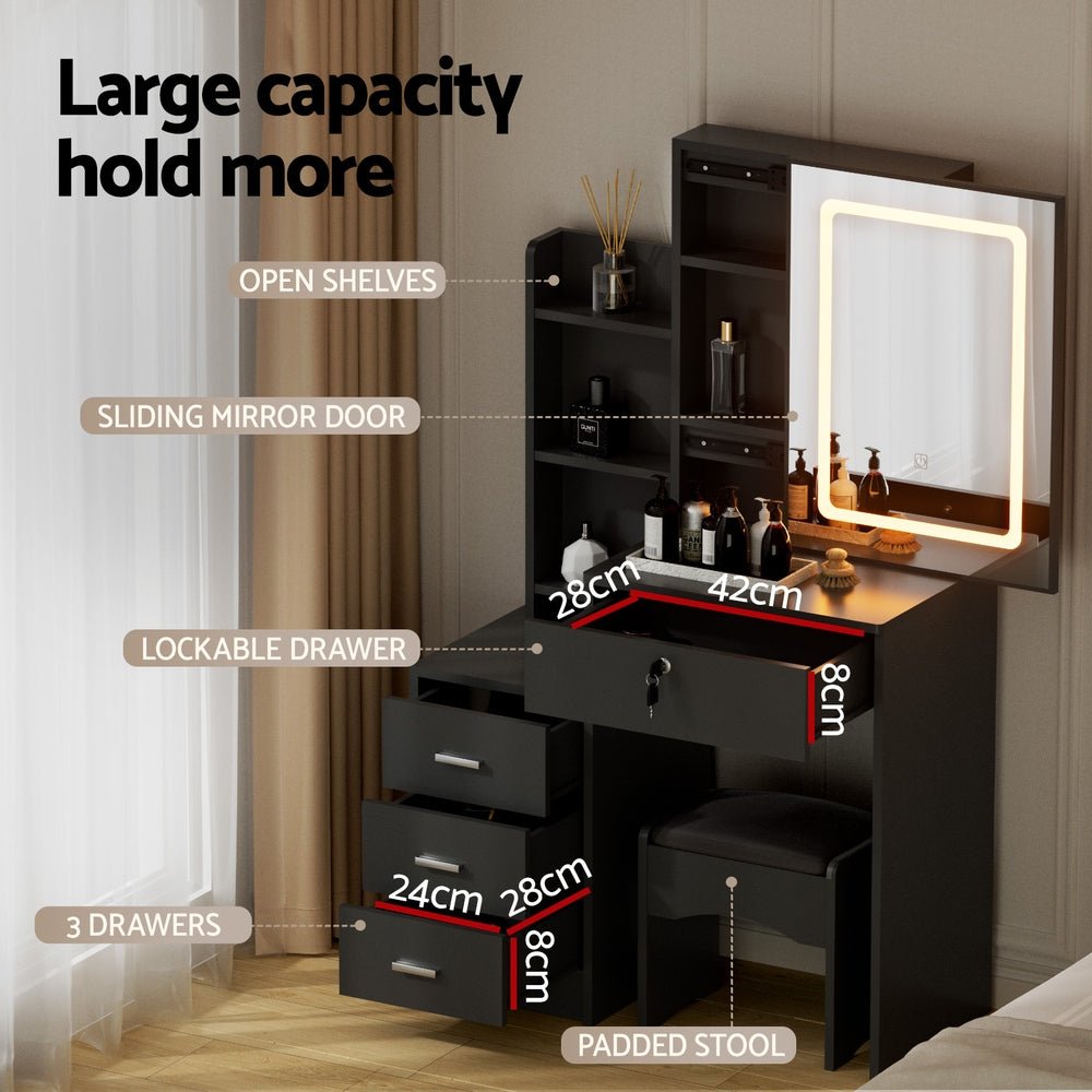 Dressing Table Vanity Desk Set Stool Led Black - Furniture > Bedroom > Dressing Vanity & Dressing Tables - Rivercity House & Home Co. (ABN 18 642 972 209) - Affordable Modern Furniture Australia