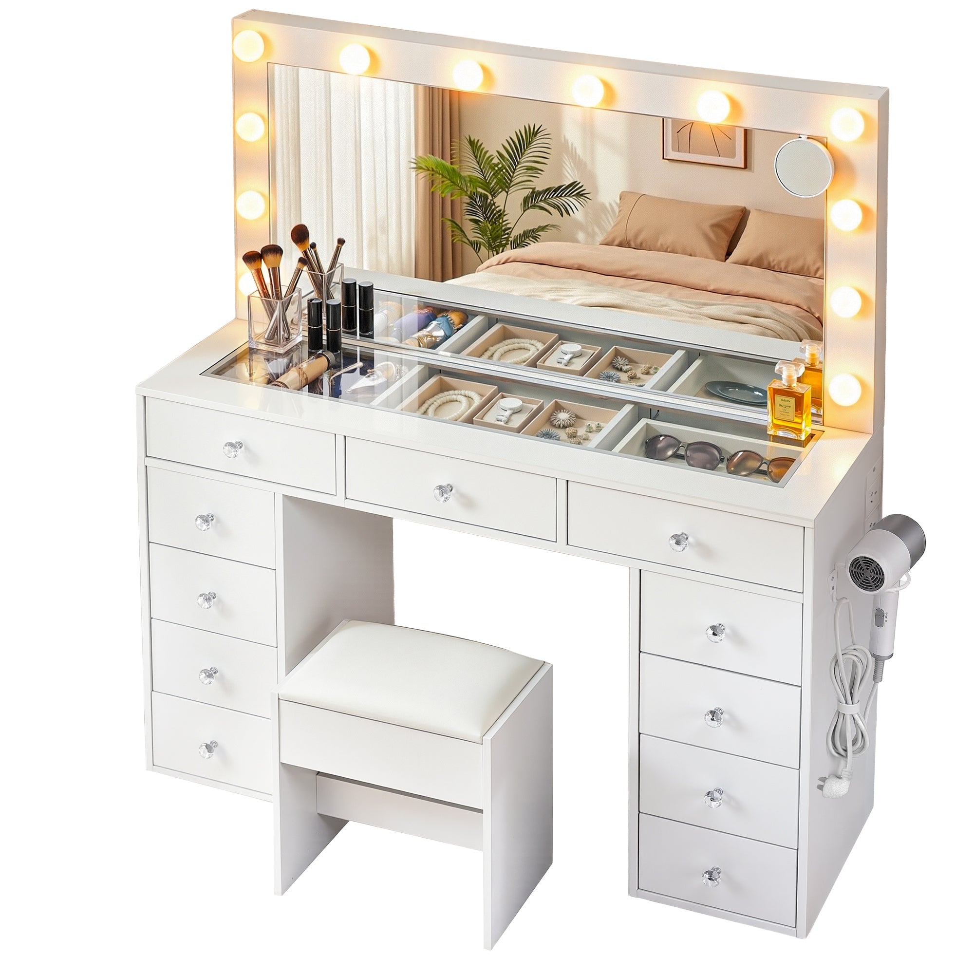 Dressing Table Vanity Desk Set Stool LED Bulbs White - Furniture > Bedroom > Dressing Vanity & Dressing Tables - Rivercity House & Home Co. (ABN 18 642 972 209) - Affordable Modern Furniture Australia